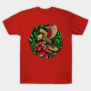 flying bird with flower illustration T-Shirt